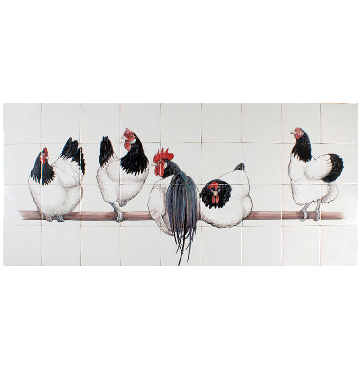 Vijf Lakenvelder kippen op stok 520 x 1170 x 8