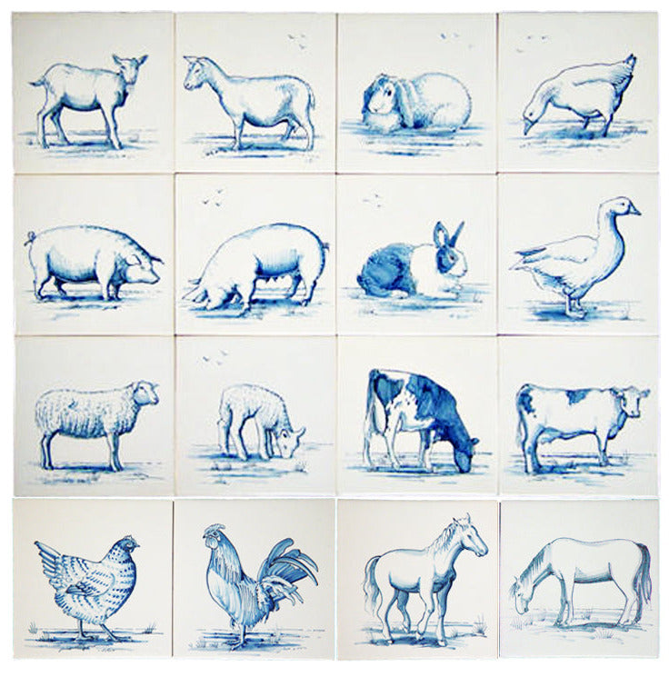 Dieren rond de boerderij 130 x 130 Blauw set (16 stuks)