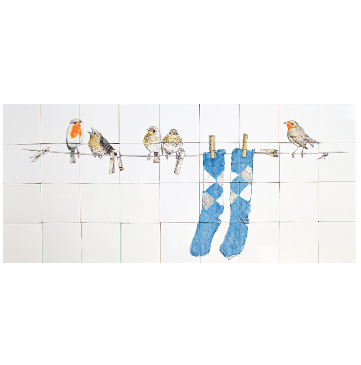 Roodborstjes op draad met sokken 520 x 1170 x 8