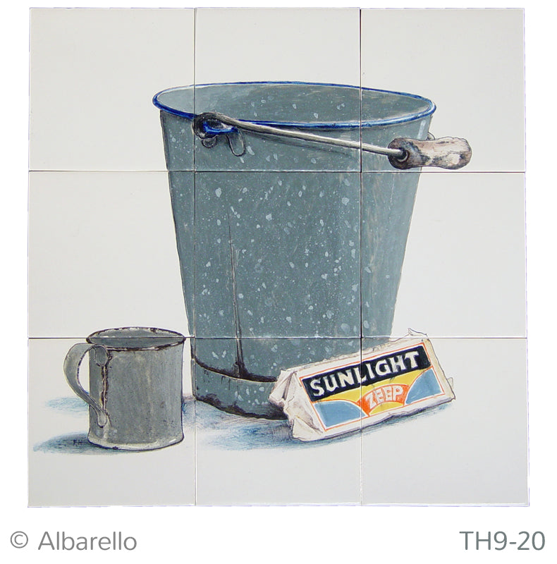 Stilleven met email emmer en zeep 390 x 390 x 8