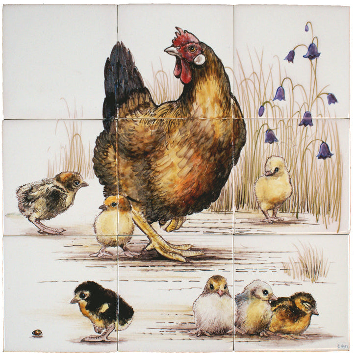 Kip met Kuikens en Blauwe Klokjes 390 x 390 x 8