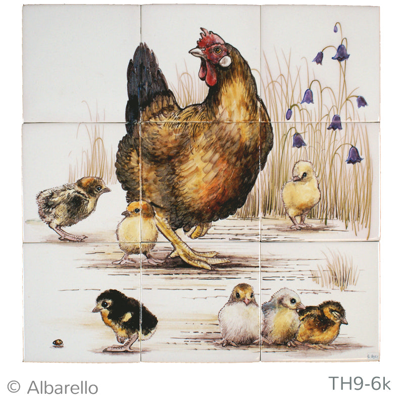 Kip met Kuikens en Blauwe Klokjes 390 x 390 x 8